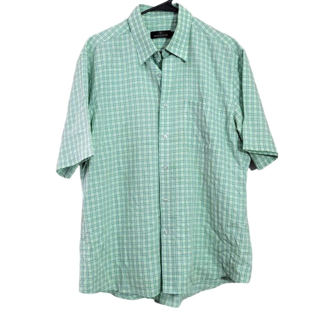 Bugatchi Uomo Dress Shirt Size Large Short Sleeve Button‎ Down Green Blue Plaid